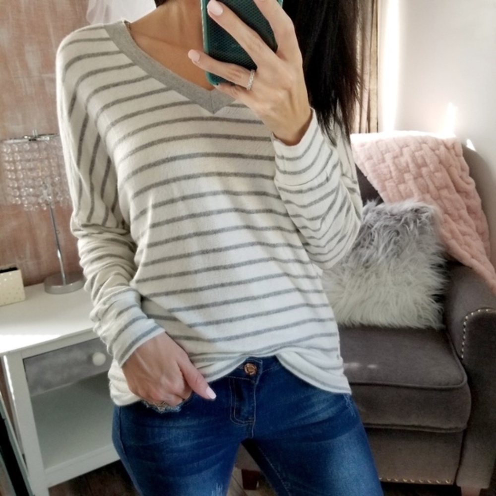 Soft Brushed Top Gray Ivory Dolman Sleeve Top